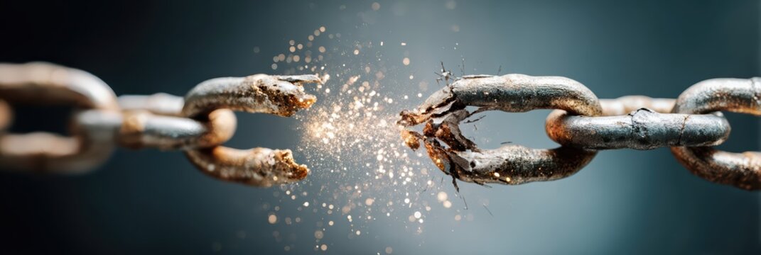 A rusty metal chain breaks apart with sparks and force. The dramatic image captures fragility, failure, and the explosive moment of weakness under pressure.