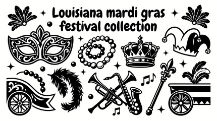mardi gras festival elements featuring decorative masks carnival beads colorful floats feather costumes royal crowns musical instruments and celebration accessories arranged as a commercial vector © samira