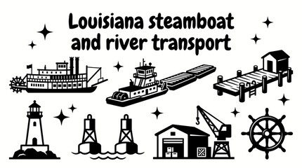 historic mississippi river transportation featuring paddlewheel steamboats cargo barges river docks lighthouses navigation buoys and classic waterfront infrastructure arranged as a commercial vector © samira