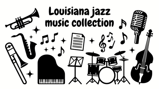 classic louisiana jazz music elements featuring trumpet saxophone trombone piano drum set double bass vintage microphone and musical accessories arranged as a premium commercial vector illustration