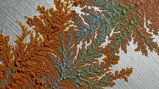Time lapse of copper and blue metallic dendrite crystals growing on brushed steel