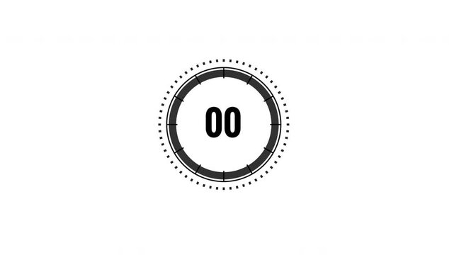 Circular reverse countdown timer animation counting down from 5 seconds to zero. Suitable for video intros, event starts, presentations, broadcasts, launch sequences, and time-based motion graphics.
