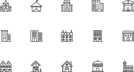 Event & Medical Facilities icon set, Diverse public infrastructure and city building outline vector icon set featuring circus tents hospital clinics modern office blocks schools and high rise flats © Mr. Akash