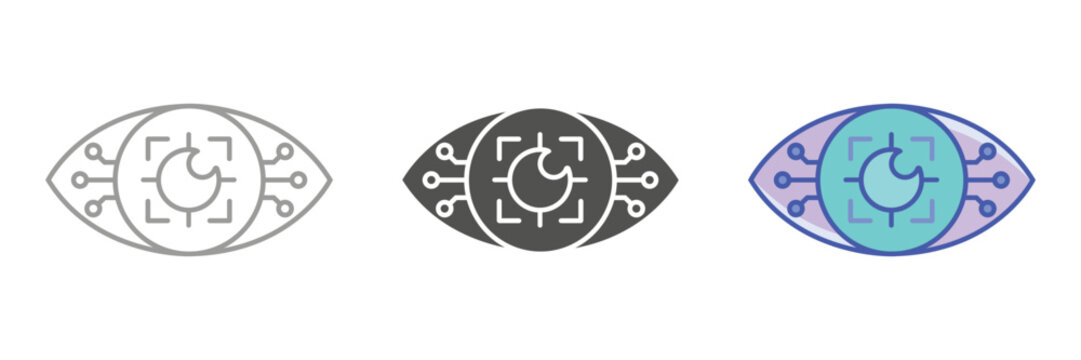 AI vision icon, Cyber eye symbol, Retina scan logo, Recognition technology vector illustration.