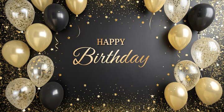 Luxury Happy Birthday Card with Gold Black Balloons and Glitter Confetti