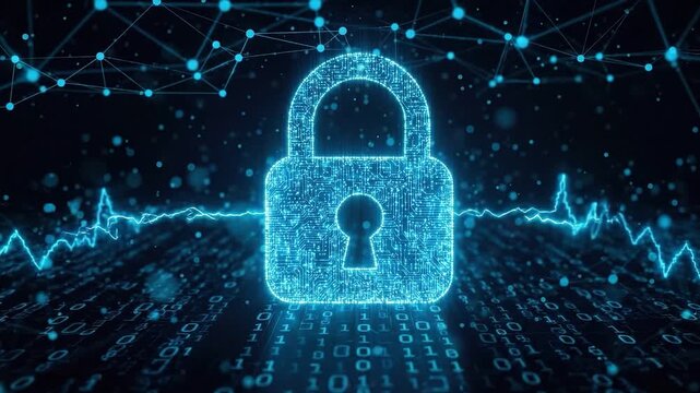 Digital security padlock icon with binary code background