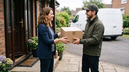 Delivery person hands a package to a smiling woman at her doorstep with a van in the background