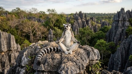 Fototapeta premium Ring-tailed Lemur Perched on Rocky Outcrop in Madagascars Tsingy Forest.