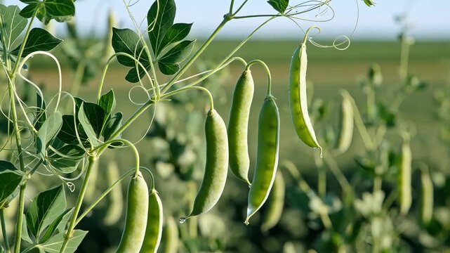 Fresh green peas pods growing on agricultural field plant bushes