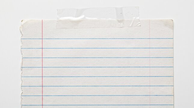 Blank lined paper sheet with torn edges taped to a white wall background featuring horizontal blue lines and a vertical red margin for writing