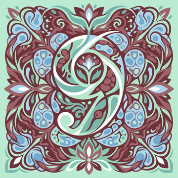 Intricate stylized number nine integrated into a decorative floral mandala pattern with a mint green, burgundy, and teal color palette featuring symmetrical botanical ornaments.