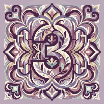 Stylized number three vector illustration integrated into a symmetrical mauve and beige floral damask pattern with intricate swirls, leaves, and architectural filigree elements.