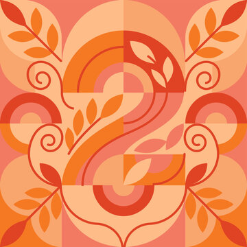 Flat vector illustration of the number 2 integrated into a geometric floral pattern with a warm palette of orange, peach, and red tones featuring leaves and curved lines.