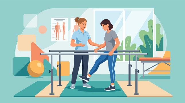 Female physiotherapist helping female patient with walking rehabilitation on parallel bars in clinic setting with exercise ball and anatomy posters, flat vector illustration.