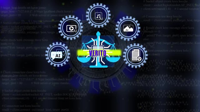 Seamless Loop Cyber HUD Featuring VERITO Typography with Tech Scales of Justice. 4K Video