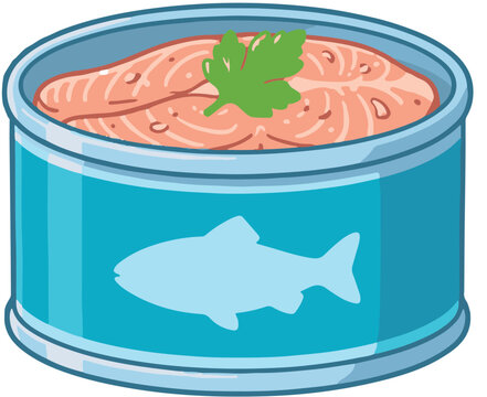 A can of salmon with a green leaf on top on transparent background