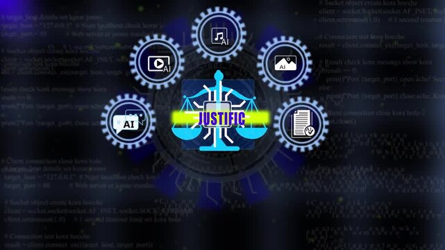 Futuristic Digital Courtroom and Governance Dashboard with Glowing JUSTICE Centerpiece. 4K Animation