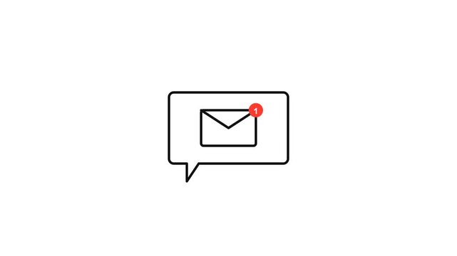 Black unread email message notification white background, animated chat bubble mail icon alert