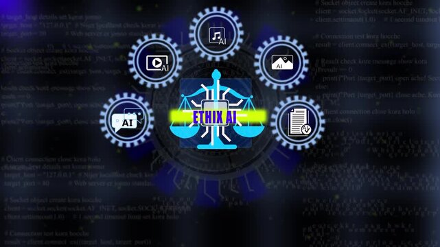 Seamless Loop Tech HUD Grid Featuring ETHIX AI Text for Corporate Presenters. 4K Video