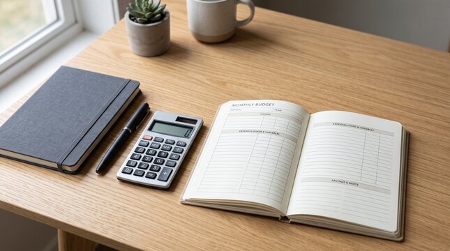Monthly budget planner with calculator notebook pen and succulent plant on wooden desk