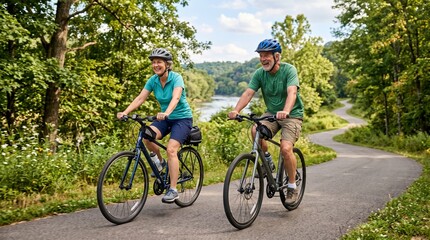 Fototapeta premium Happy senior couple cycling together on a scenic paved trail beside a river surrounded by lush green trees and foliage on a sunny day