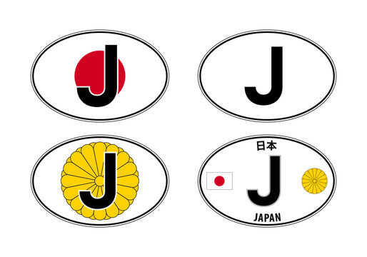 Japan, oval international vehicle registration code license plate car sticker, vector illustration