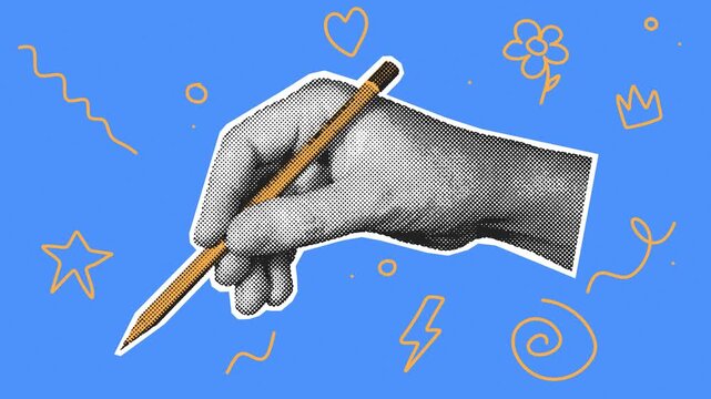 Halftone hand drawing with pencil surrounded by animated scribbles and doodles on blue background. Retro pop art style, seamless loop for creativity and art concepts.