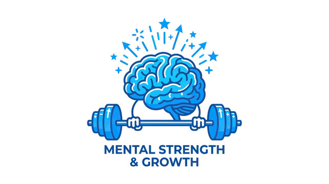 Brain lifting weights, symbolizing mental strength, growth, and intelligence development.