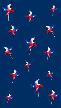 Patriotism 8K vertical background 9:16 for mobile wallpapers, seamless pattern featuring traditional red, white, and blue paper pinwheels with lone star design on navy blue backdrop.