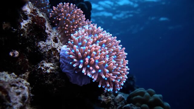 Medium shot of vibrant pink and blue tipped coral polyps swaying on underwater reef wall