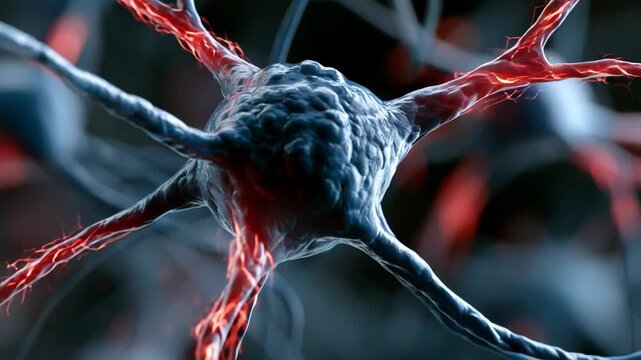 Close-up view of a neuron with electrical impulses firing along its dendrites and axon