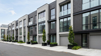 Fototapeta premium Modern luxury townhouses with dark brick facade and glass balconies
