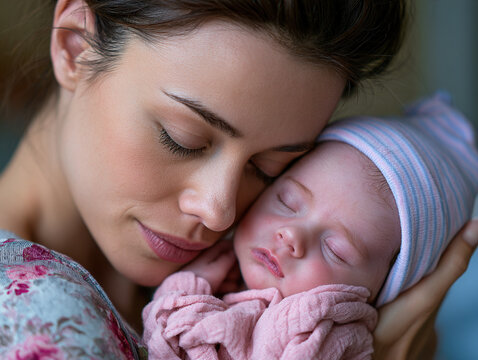 A mother tenderly embraces her newborn baby as they both rest in a moment of love, calm, and bonding. An intimate portrait of motherhood, parenting, attachment, and family protection.