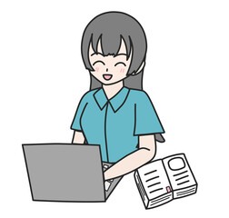 Girl Using a Laptop While Reading a Book with a Big Happy Smile Flat Vector Illustration