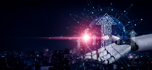 Fototapeta premium Futuristic Technology Hands Creating Digital Growth Connections with Global Network and Data Visualization Elements in a Night Cityscape. Glyphic.