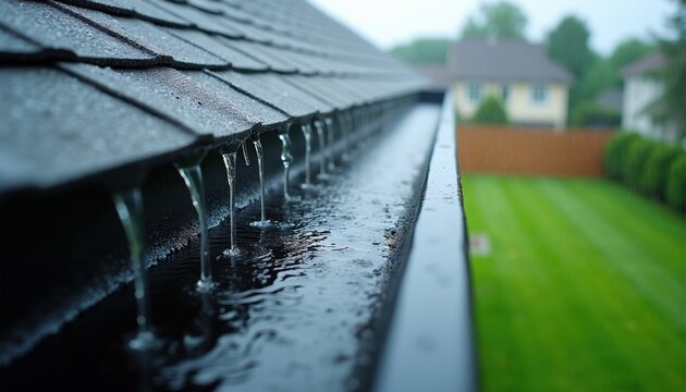 Rainwater drips from dark roof shingles into metal gutter system during light shower. Clear droplets fall off house edge into drainage pipe outdoors. Residential building rooftop drainage works