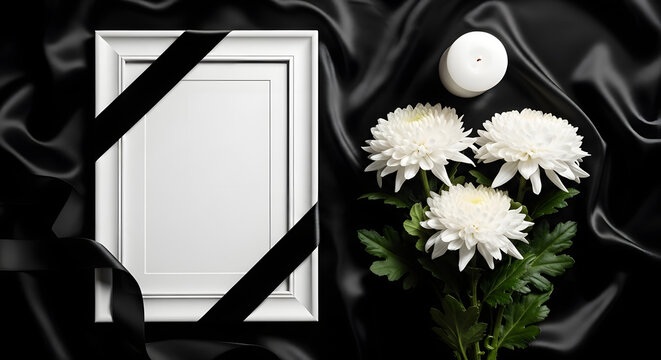 Mourning frame with black ribbon and white flowers on silk
