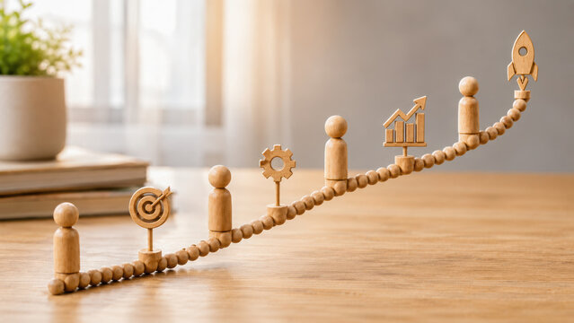 Business growth involves scaling through milestones represented by figures and symbols, showcasing progress and success in dynamic environment