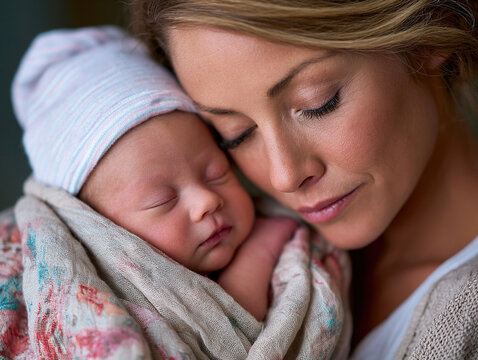 A mother tenderly embraces her newborn baby as they both rest in a moment of love, calm, and bonding. An intimate portrait of motherhood, parenting, attachment, and family protection.