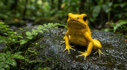 Naklejka premium Vibrant Yellow Poison Dart Frog Perched on Mossy Rock in Lush Rainforest.