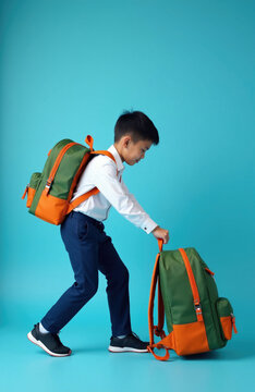 Asian boy in school uniform drags heavy backpack across blue background. Young male pupil wears white shirt with blue trousers. Child carries large schoolbag pulling second bag along floor. Back to
