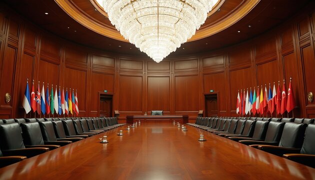 Empty international conference hall with large wooden table, black leather chairs. Crystal chandelier hangs from circular ceiling. Numerous national flags stand along wood paneled walls. Prestigious
