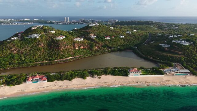 Saint Martin Island, Drone Shot of Villas on Long Beach, Landscape and Simpson Bay Lagoon
