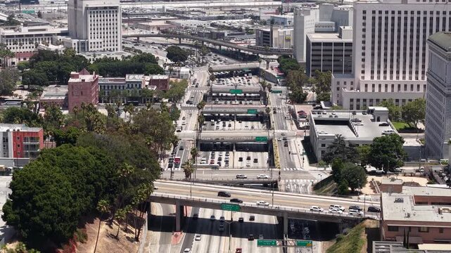 Drone Shot of Busy Traffic on US-101 Highway Traffic by Downtown Los Angeles California USA, Santa Ana Freeway