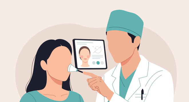 Flat faceless vector illustration of a male dermatologist in scrubs using a handheld skin diagnostic tool on a female patient's face while a tablet displays medical facial analysis data.