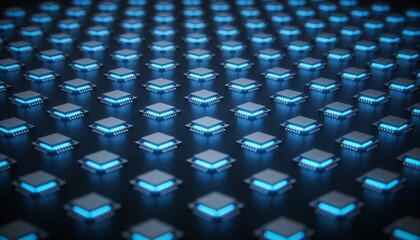 Fototapeta premium Grid of Small Glowing Computer Chips Fading into Soft Focus, Futuristic Semiconductor Technology Background with Blue Gradient, Advanced Electronics, Artificial Intelligence Hardware and Minimal Compo
