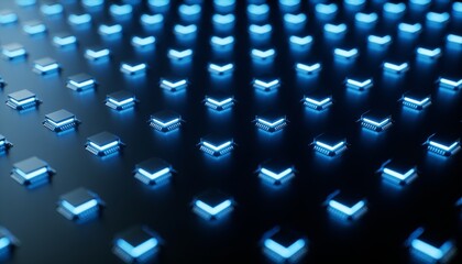 Fototapeta premium Grid of Small Glowing Computer Chips Fading into Soft Focus, Futuristic Semiconductor Technology Background with Blue Gradient, Advanced Electronics, Artificial Intelligence Hardware and Minimal Compo