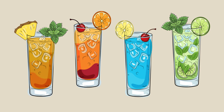 Set of refreshing summer cocktails in highball glasses, hand-drawn vector collection for restaurant menu, bar summer drinks, tropical alcoholic beverages with fruits and ice
