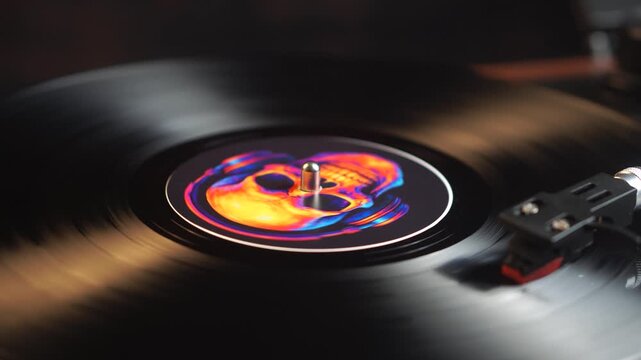 Old Heavy Metal Album Playback, Spinning Vinyl Record and Needle on Turntable