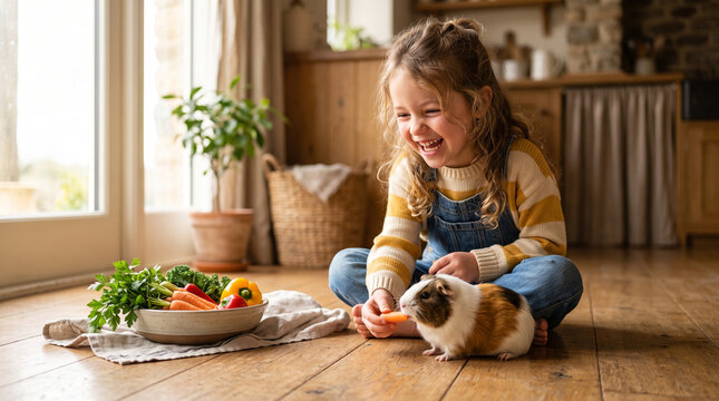 Happy little girl sitting on wooden floor feeding carrot to guinea pig next to bowl of fresh vegetables in rustic kitchen